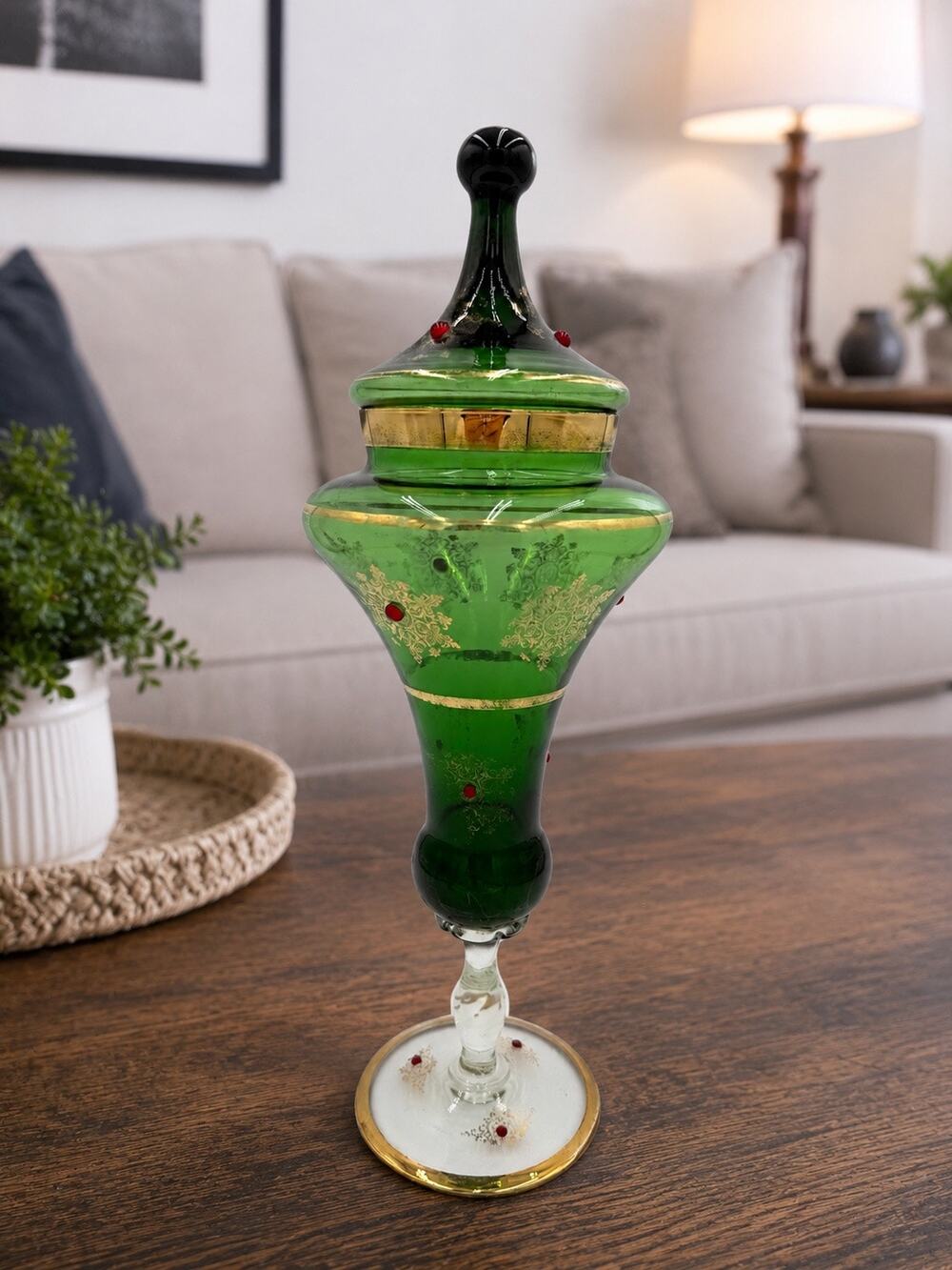1960's Romanian Green and Gold Gilded Apothcary Jar